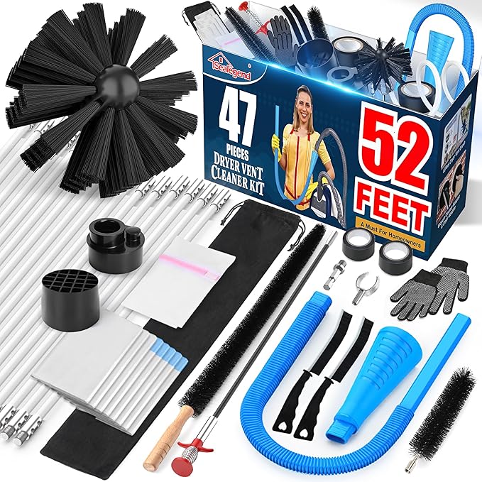 Sealegend 47-Piece 52-Feet Dryer Vent Cleaner Kit, Dryer Cleaning Tools, Omnidirectional Dryer Lint Vacuum Attachment, Dryer Vent Brush, Universal Vacuum & Dryer Adapters (Blue)
