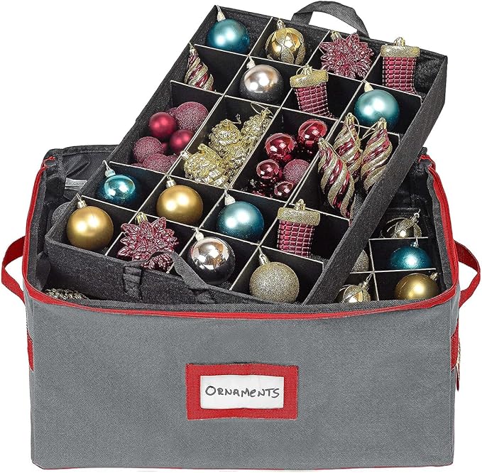 HOLDN’ STORAGE Christmas Ornament Storage Box with Dividers - Fits 96-3” Ornaments, 4 Removable Trays, Durable & Space-Saving, Clear Top Lid, Convenient Storage Designed, Grey