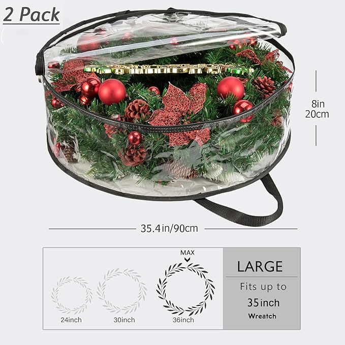 CINPIUK Clear Wreath Storage Bag 35 Inch Christmas Wreath Storage Container, Heavy Duty Wreath Protector with Handle for Holiday Seasonal Wreath Garland, 2Pcs