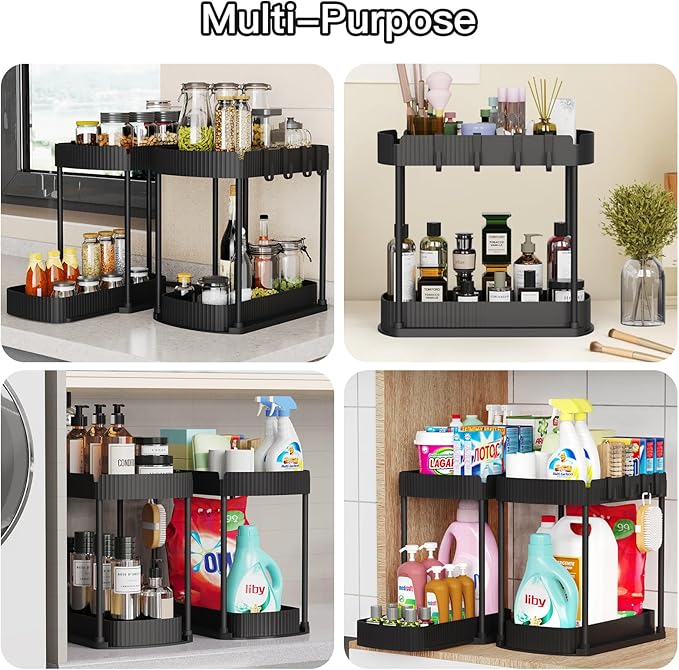 Multi-Purpose Pull-Out Storage Organizers, Under Sink/Cabinet Organizers and Storage for Bathroom & Kitchen, Black, 12.8 Inches, 2 Packs