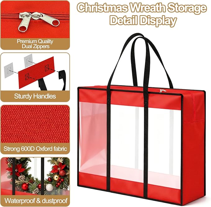 24 inches Christmas Wreath Storage Bag 4 Packs, 600D Heavy Duty Oxford Cloth Wreath Storage Container, Clear Moving Bags with Reinforced Handle for Xmas, Holiday, Moving & College Supplies