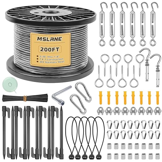 MSLANE 1/8" Black Wire Rope Kit 200FT 304 Stainless Steel Vinyl Coated with M5 Turnbuckles, 7x7 Strand Core Aircraft Cable for String Light, Picture Hanging, Clothesline, Curtain, and Plant Trellis