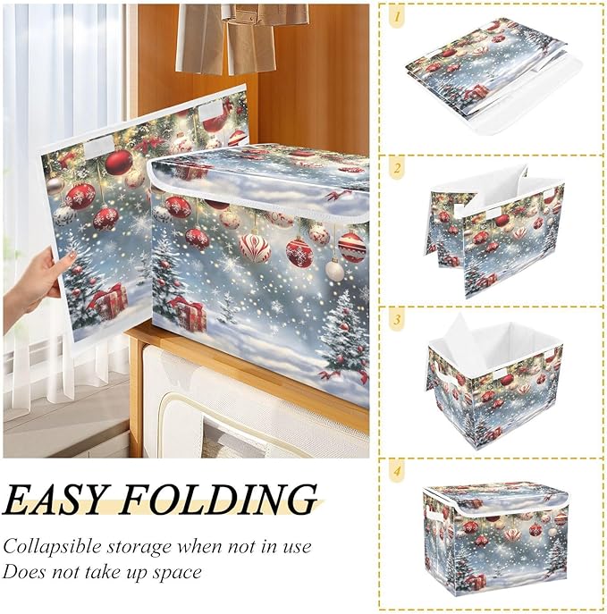 Storage Bins with Lids, Merry Christmas Foldable Storage Cube Boxes Fabric Storage Organizer Basket for Home, Bedroom, Office, Closet (16.5x12.6x11.8)