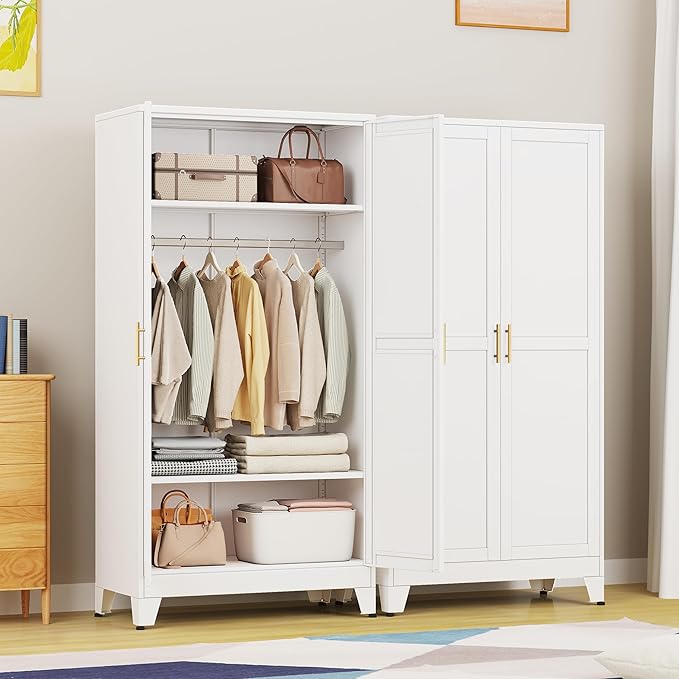 71 "Metal Armoire Wardrobe Closet, Steel Clothing Storage Cabinet with Adjustable Shelves and Hanging Rod, Household Steel Wardrobe Storage Cabinet with Adjustable Standing feet (White)