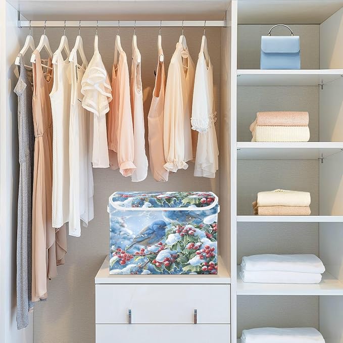 senya Winter Baskets Collapsible Storage Bins with Lids, Blue Bird Evergreen Branch Storage Boxes Clothes Baskets for Organizing