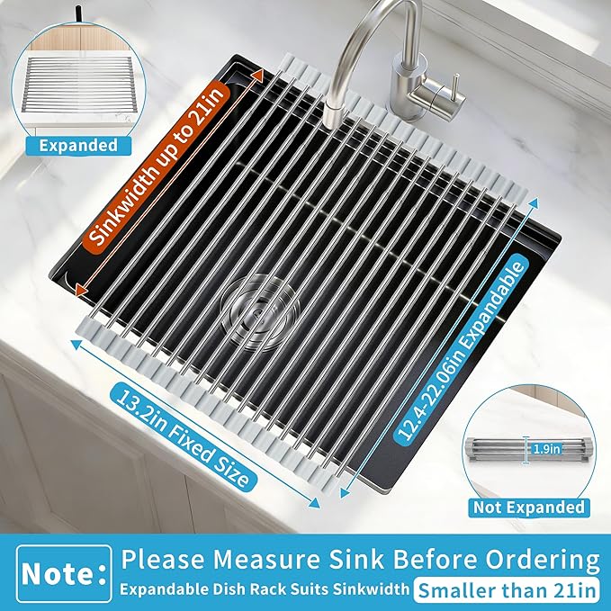 HAYAWEY Expandable Roll-UP Dish Drying Rack-Large 304 Stainless Steel Dish Drainer Over The Sink for Kitchen Countertop,Extendable & Rollable & Food Grade (Silver,22.08'x 13.2')