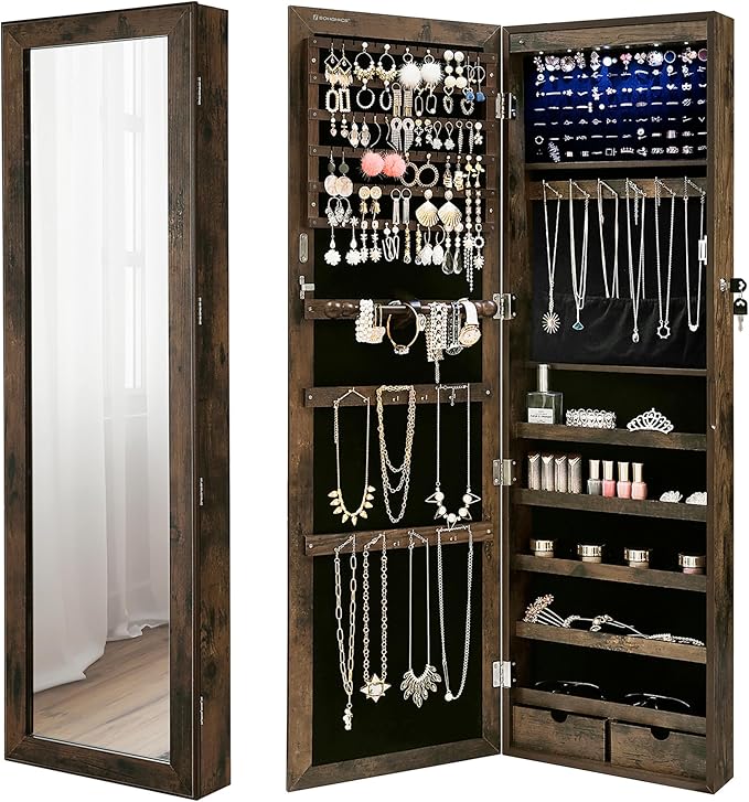 SONGMICS 6 LEDs Mirror Jewelry Cabinet, 47.2-Inch Tall Lockable Wall or Door Mounted Jewelry Armoire Organizer with Mirror, 2 Drawers, 3.9 x 14.6 x 47.2 Inches, Rustic Brown UJJC93CB