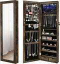 SONGMICS 6 LEDs Mirror Jewelry Cabinet, 47.2-Inch Tall Lockable Wall or Door Mounted Jewelry Armoire Organizer with Mirror, 2 Drawers, 3.9 x 14.6 x 47.2 Inches, Rustic Brown UJJC93CB