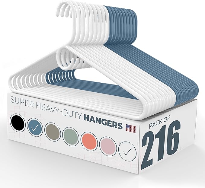 Neaties Super Heavy Duty Clothes Hangers 100+ Pack (216 Count) – Made in The USA - 10lb Capacity, Thick Plastic Hangers for Pants, Coats, Jackets, Jeans and Adult Clothing – White & Blue