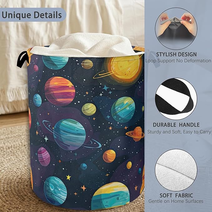 Celestial Planet Laundry Basket,Foldable with Handles Tote Bag Oxford Cloth for Bathroom Bedroom Dirty Clothes Storage Bucket 16" x 20.8"