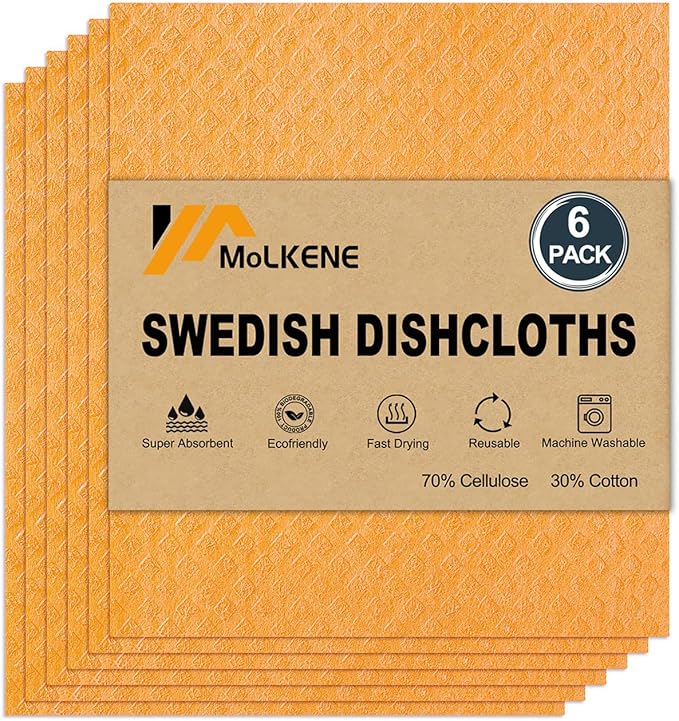 MoLKENE Swedish Dishcloths for Kitchen | 6 Pack Absorbent Cellulose Sponge Cloths Washable | Non-Scratch Reusable Paper Towels Quick Drying Cleaning Cloths - Orange