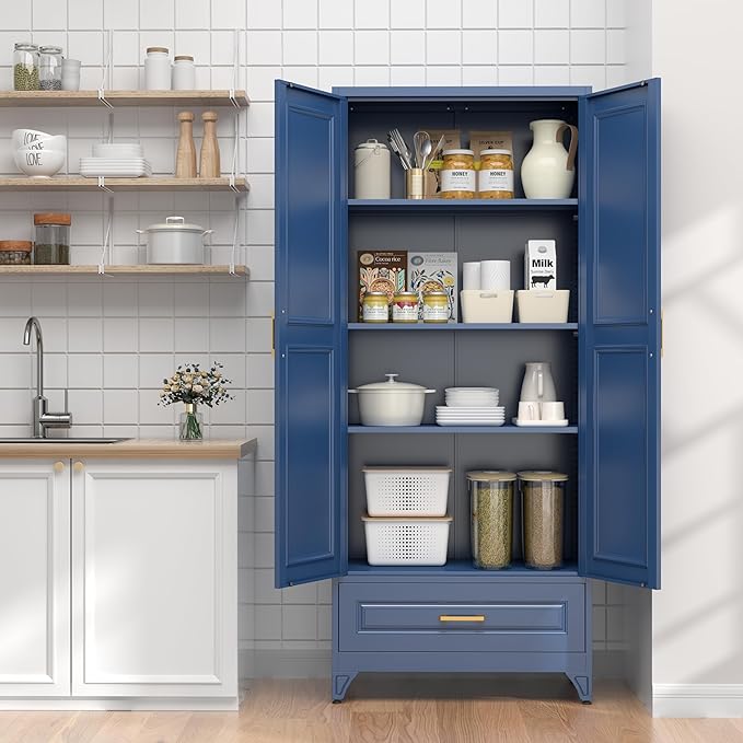 75" Kitchen Pantry Cabinet with Drawer, Tall Storage Cabinet with Doors and 4 Shelves, Metal Storage Cabinets for Kitchens, Living Room, Dinning Room, Assembly Required, Blue