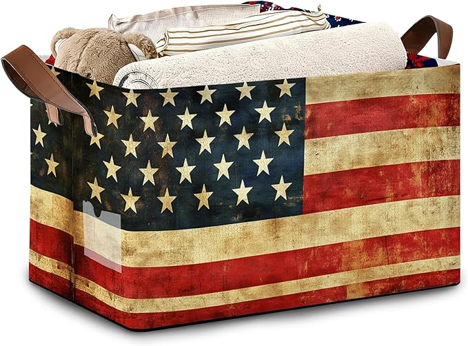Vintage Flag Storage Baskets,Foldable Large Capacity Organizer Bins with Waterproof Lining and Leather Handles for Closet,Shelf,Bedroom 17x11.5x10Inch