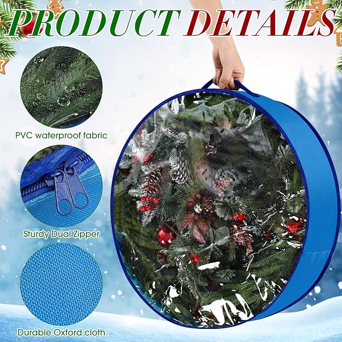 4 Pack Wreath Storage Container, 30 Inch Christmas Wreath Storage Box with Clear Window and Handles Upgrade Oxford Cloth Garland Bags with Dual Zipper for Xmas Wrapping, Blue