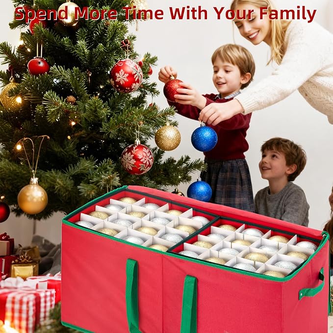 inin Christmas Ornament Storage Box with Adjustable Dividers,Christmas Ornaments Organizer with Zippered Top,Storage Container Bin with Side Pockets for Holiday Decorations(128 Ball, Red, with Tray)