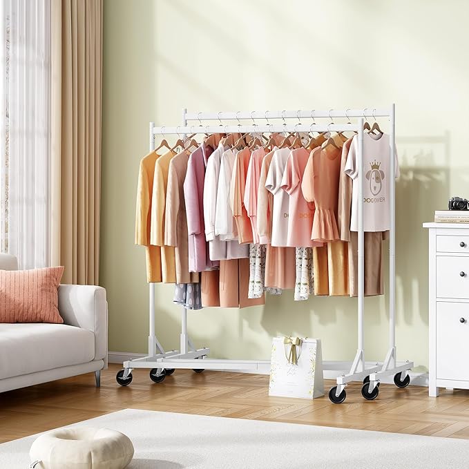 Hoctieon Z Rack Set of 2, Rolling Clothing Racks with Z-Base, Heavy Duty Garment Racks Set of 2, Clothes Rack on Wheels with Brakes, Clothes Organizer Rack Set of 2, White