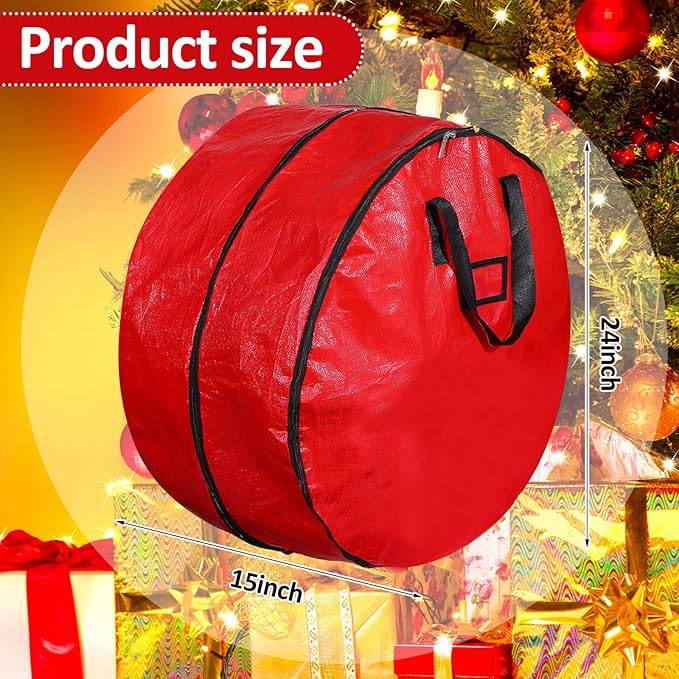 Double Layer Christmas Wreath Storage Container Bags Double Wreath Storage Container Zippered Bag with Handle Festive Storage Box Storage for Xmas Garlands, Red(2 Pcs,24 Inch)