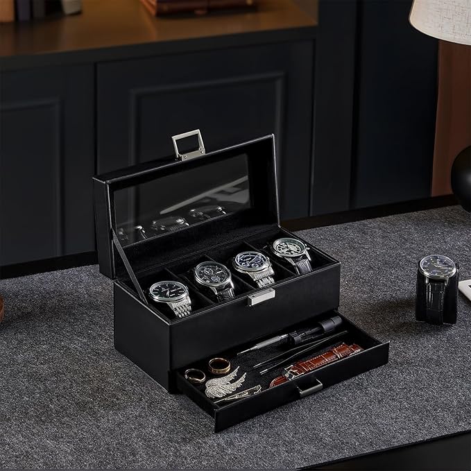 ProCase Watch Case, 4 Slot Mens Watch Box Holder Organizer with Glass Lid, 2-Layer Watches Display Case, Mens Jewelry Box with Drawer, Birthday Valentine Gifts for Men Women -4 Slot, Black