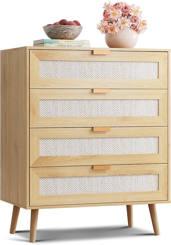 WLIVE Rattan Dresser for Bedroom, 4 Drawer Wooden Boho Dresser Storage with Gold Metal Handle, Chest of Drawers for Living Room, Closet, Hallway, Light Oak