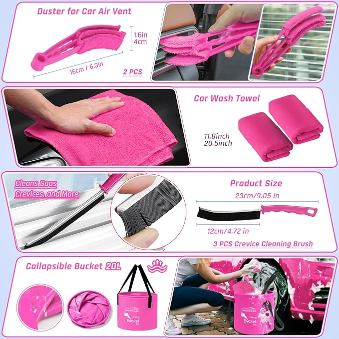47PCS Car Detailing Kit Interior Cleaner, Car Cleaning Supplies with High Power Car Vacuum Cleaner,Auto Detailing Kit,Car Wash Kit with Bucket Detailing Brush Set,Pink Car Accessories for Women