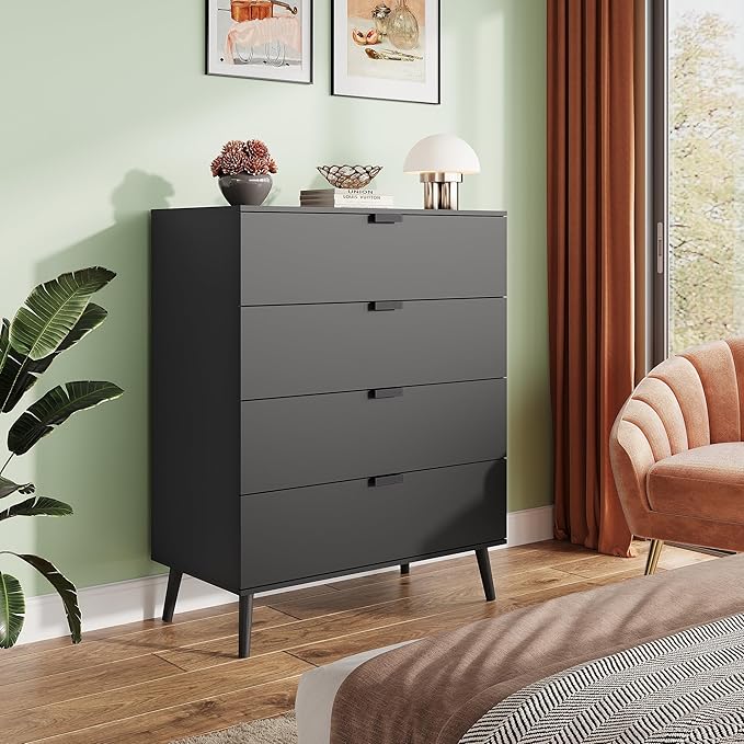 WLIVE 4 Drawer Dresser for Bedroom, Wooden Black Tall Dresser, Modern Dressers with Sturdy Metal Handle, Small Chest of Drawers for Living Room, Hallway