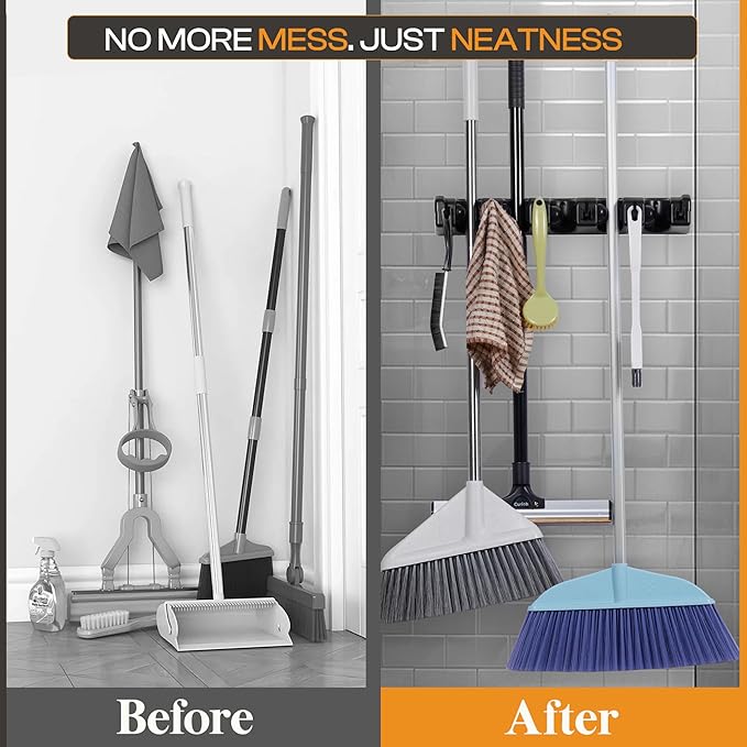 Heavy Duty ABS Plastic Broom Holder with 5 Slots and 6 Hooks | Wall Mount Mop and Broom Hanger | Waterproof Broom Organizer with Screws| Wall Mount Tool Organizer for Garage Storage