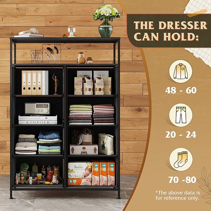 WLIVE Fabric Dresser for Bedroom with Open Shelves, Tall Black Dressers with 8 Drawers, Storage Tower with Fabric Bins, Chest of Drawers for Closet, Living Room, Hallway
