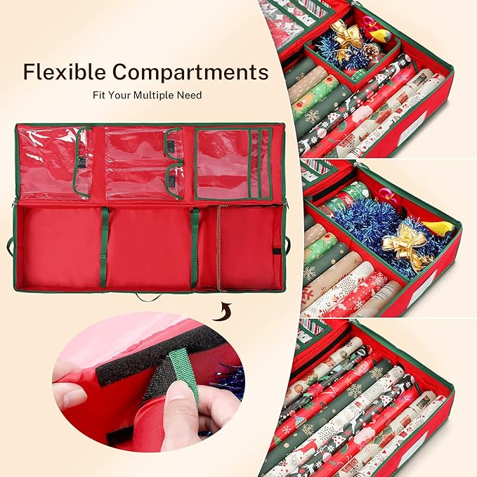 MaidMAX Christmas Wrapping Paper Storage Bag, 42 inch Gift Wrap Organizer Underbed Storage Box Container 600d Oxford Fabric Wrapping Paper Holder for Storing Rolls, Ribbons, Bows 42L x 14W x 5.5H