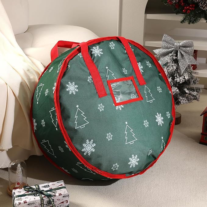 30 Inch Christmas Wreath Storage Bag, Wreath Storage Container with Carry Handles Zipper and Labeling Card Slot, Waterproof Garland Storage Container for Wreath Christmas Decoration, Green