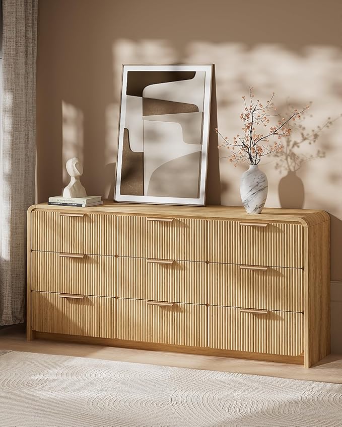 Fluted 9 Drawer Dresser for Bedroom, 57" Wide Chest of Drawers, Curved Profile Design, Wooden Dresser TV Stand for Living Room, Hallway, Natural Oak