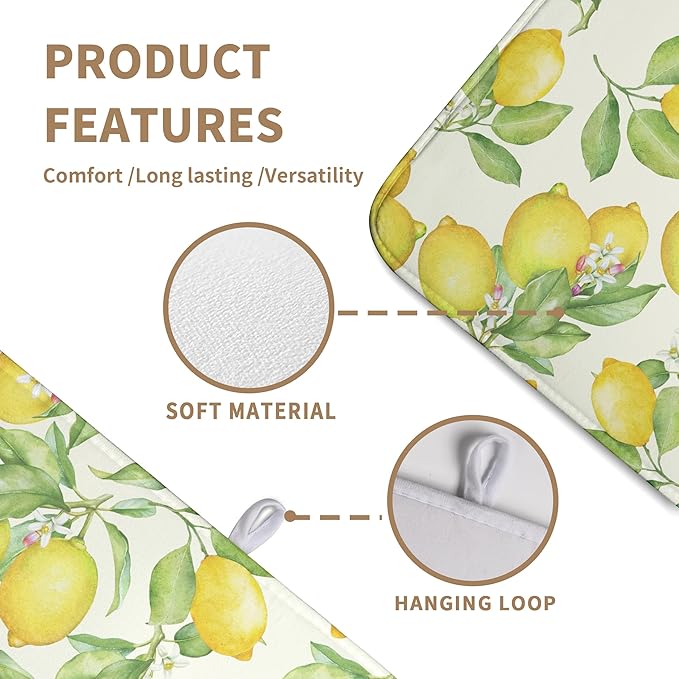 Wnoesat Summer Lemon Drying Mat Watercolor Fruit Yellow Lemon With Green Leaf Floral Dish Drying Mats for Kitchen Counter 18×24 Inch Microfiber Absorbent Dish Pad