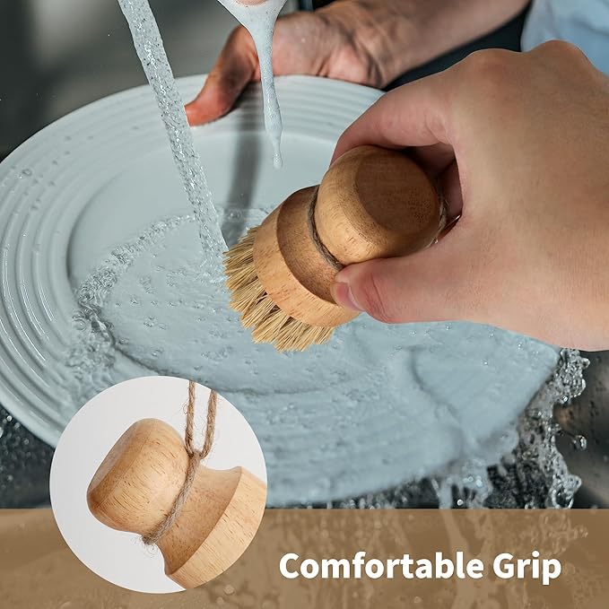 KEJJNYER 12 Pcs Bamboo Dish Brush, Wooden Bamboo Dish Scrub Brushes, Round Wooden Dishwashing Brush Sisal Bristles for Pan Pot Sink Kitchen Cleaning