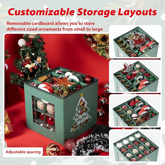 Christmas Ornament Storage Box with Lid - Holds 64 Ornaments, Large Sturdy & Foldable Organizer Case for Holiday Decor 11.8x11.8x11.8 Inch