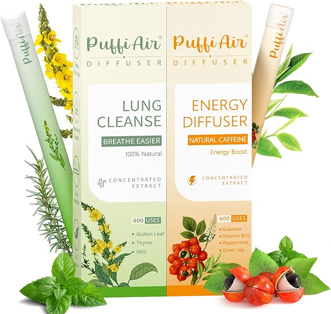 PUFFIAIR Focus Energy Duo Herbal Diffuser Pen Set | Mullein and Caffeine Inspired Blends | Green Orange | 2 Count