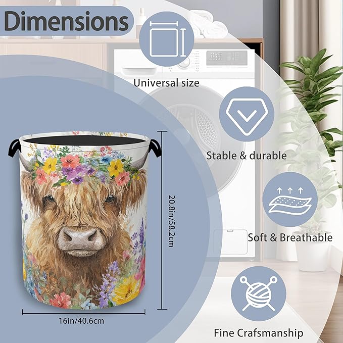 Hightland Cow Laundry Basket,Oxford Cloth Laundry Hamper with Handle Foldable Portable Clothes Storage Basket for Bathroom Bedroom Dorm Room 16" x 20.8"