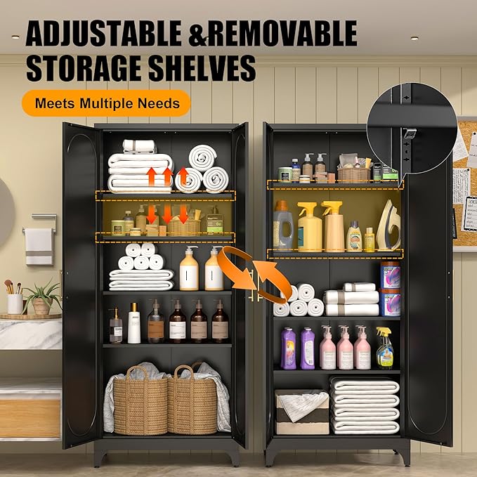 Metal Storage Cabinet with Doors, 75" Tall Kitchen Pantry Storage Cabinets, Black Pantry Cabinets with Adjustable Shelves, Home Office Cabinet, Large Cupboard, High Leveling Feet- Assembly Required