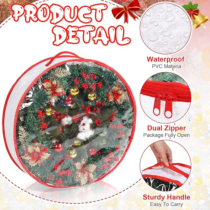 Aliceset 4 Pack Wreath Storage Containers, Christmas Ornament Garland Wreath Storage Bags with Handle Dual Zipper Large Decorative Storages Box for Winter Wreaths(24 x 24 x 7.8 Inch,White)