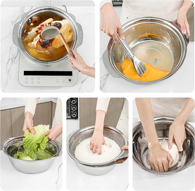 304 Stainless Steel Microporous Colander with Handle, Rice Washers Microporous Strainer Set For washing vegetables, fruits and rice, and draining cooked pasta(3.5QT with handle-Gold)