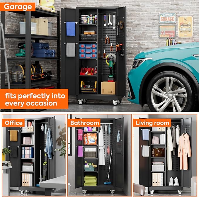 17.7" D×33.5" W×70.87" H Broom Closet Storage Cabinet with Wheels and Pegboard,Garage Storage Cabinet with Doors,Adjustable Shelves for Garage Home,Required Assembly,Black