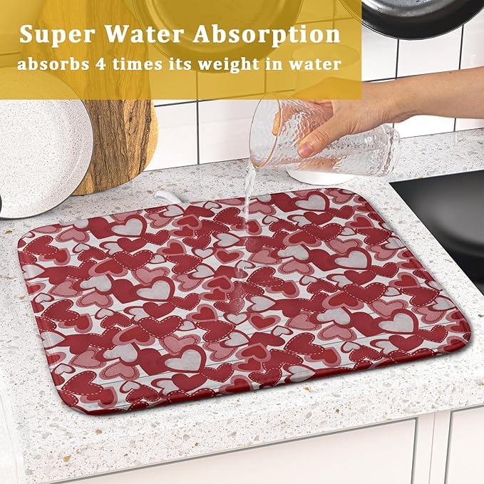 Valentines Day Dish Drying Mat for Kitchen Counter 18x16 Inch Love Drying Mat with Absorbent Reversible Microfiber Red Grey Heart Dish Drainer Mats Rack Pad for Coffee Countertop Protector