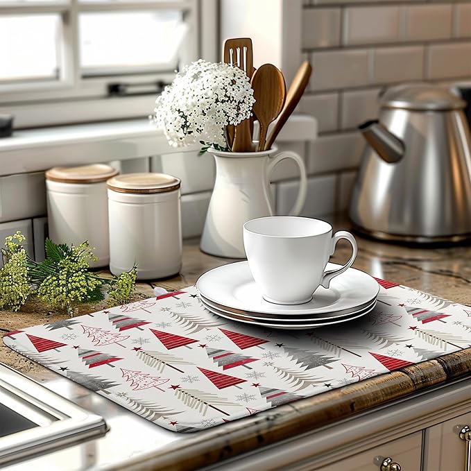 Wnoesat Christmas Dish Drying Mats for Kitchen Counter Xmas Tree Drying Mat Winter Holiday Dishes Drying Pad Microfiber Absorbent Dish Draining Mat Washable Dish Drainer Rack Mat 18x24 Inch
