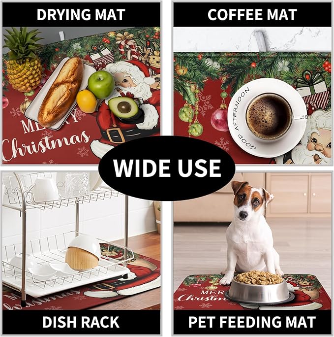 Kwlegh Merry Christmas Dish Drying Mat Santa Claus Kitchen Drainer Mats Microfiber Absorbent Winter Xmas Holiday Dishes Pad Reusable Dish Rack Mat for Countertop Tableware Decor 16x18 Inch
