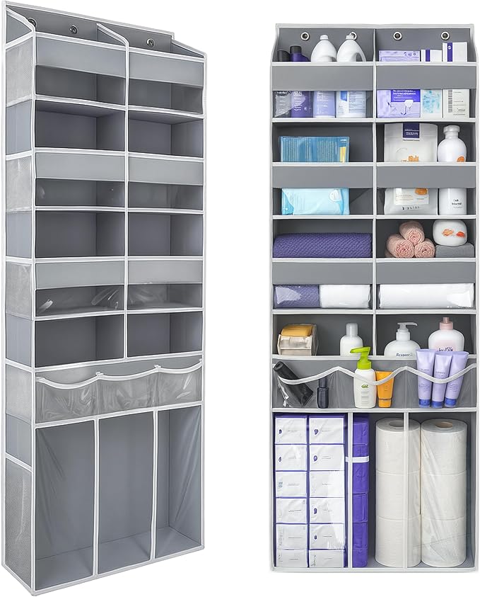 EZVERY Extra Large Over The Door Organizer with Clear Pockets - 8 Compartments & XL Bottom Storage, Heavy-Duty Hanging Organizer for Bathroom, Bedroom, Closet (57 Inch Height).