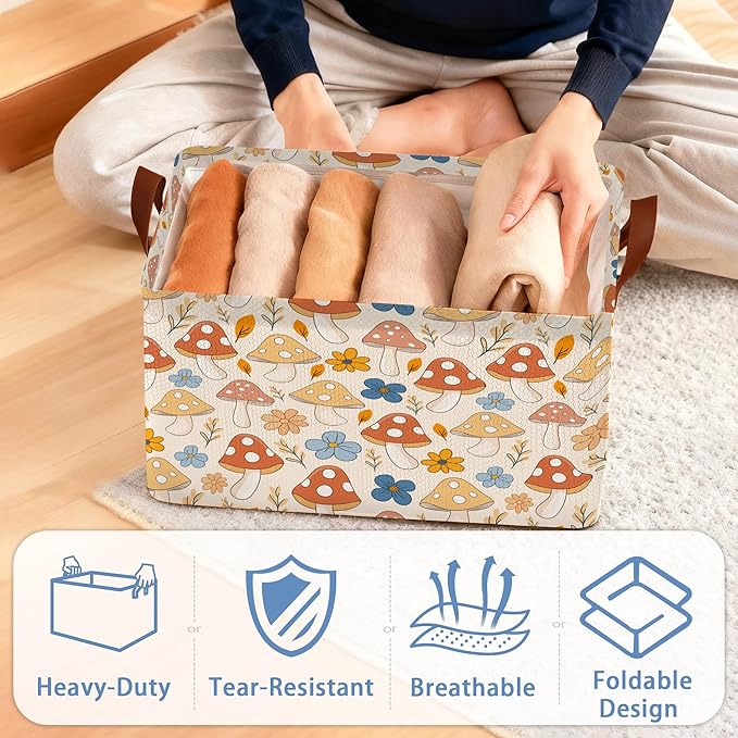 Retro Mushroom Storage Basket with Handles,Flower Collapsible Rectangle Organizer Bin for Room Decoration Books Box Baskets 17x11.5x10Inch
