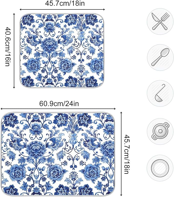 Blue White Porcelain Peony Dish Drying Mat for Kitchen Countertop 18x24 Rectangle Large Drying Mat Reusable Quick Dry Dish Sink Absorbent Mats Dishwasher Easy Clean Decorative Home Decor Essentials