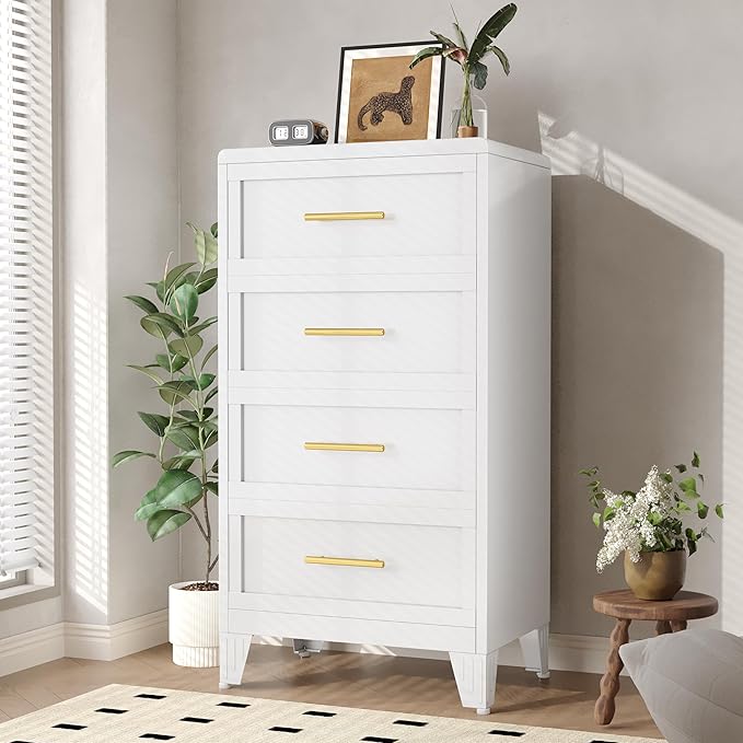 Metal Dresser Tall Narrow Dresser for Bedroom Chest, 44.45" H Drawer Chest, Closet Dressers & Chests of Drawers for Living Room, Hallway (4 Drawers White 24inch Wide)