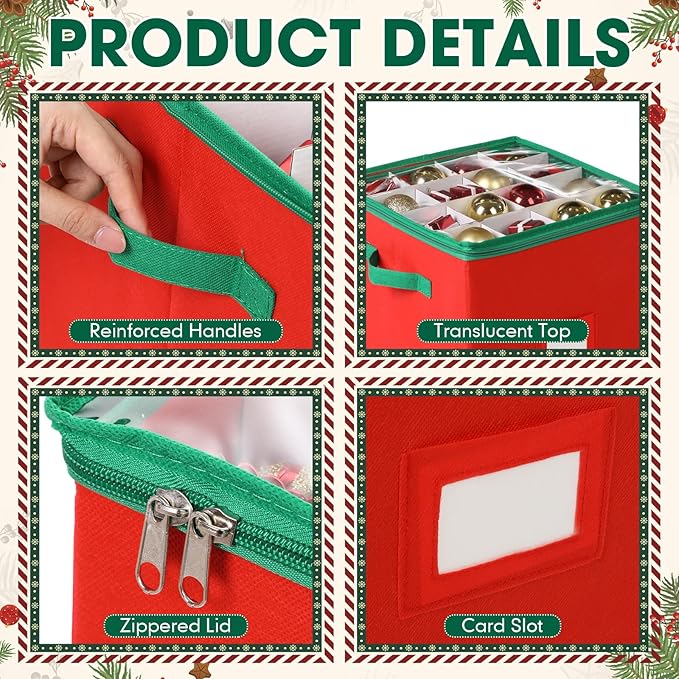 Chengu 2-pack Christmas Ornament Storage Stores up to 64 Christmas Ball Accessories Holder with Adjustable Dividers, Zippered Closure Two Handles for Holiday Ornaments and Xmas Decorations(Bright Red)