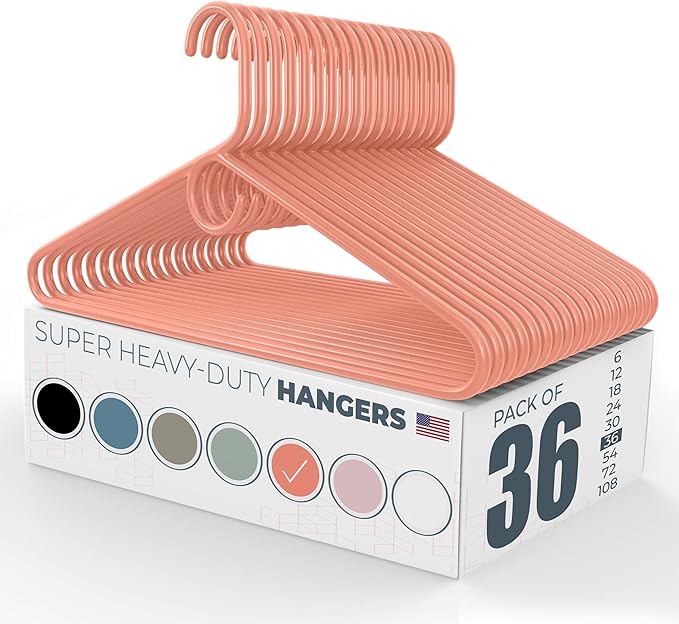Neaties Super Heavy Duty Clothes Hangers 36 Pack – Made in The USA - 10lb Capacity, Thick Plastic Hangers for Pants, Coats, Jackets, Jeans and Adult Clothing – Peach