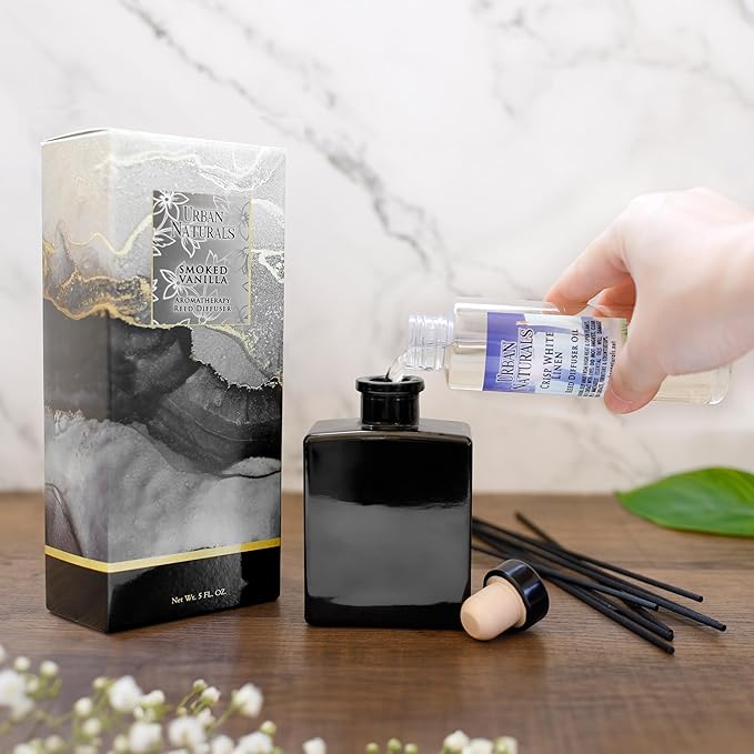Urban Naturals Balsam Forest Reed Diffuser Oil Set – Fraser Fir, Evergreen, Pine, Woodsy Cedar and Sandalwood – 5 Ounce Sleek Black Rectangular Refillable Glass Bottle – Made in The USA
