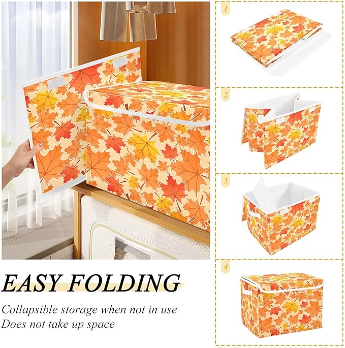 Bolaz Storage Bins with Lids and Handles, Autumn Maple Leaf Yellow Fallen Leaves Storage Box Storage Basket with Cover Collapsible Organizer Containers for Home Closet, Shelves